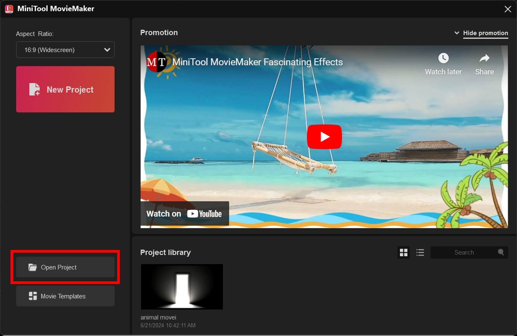 MiniTool MovieMaker OpneProject