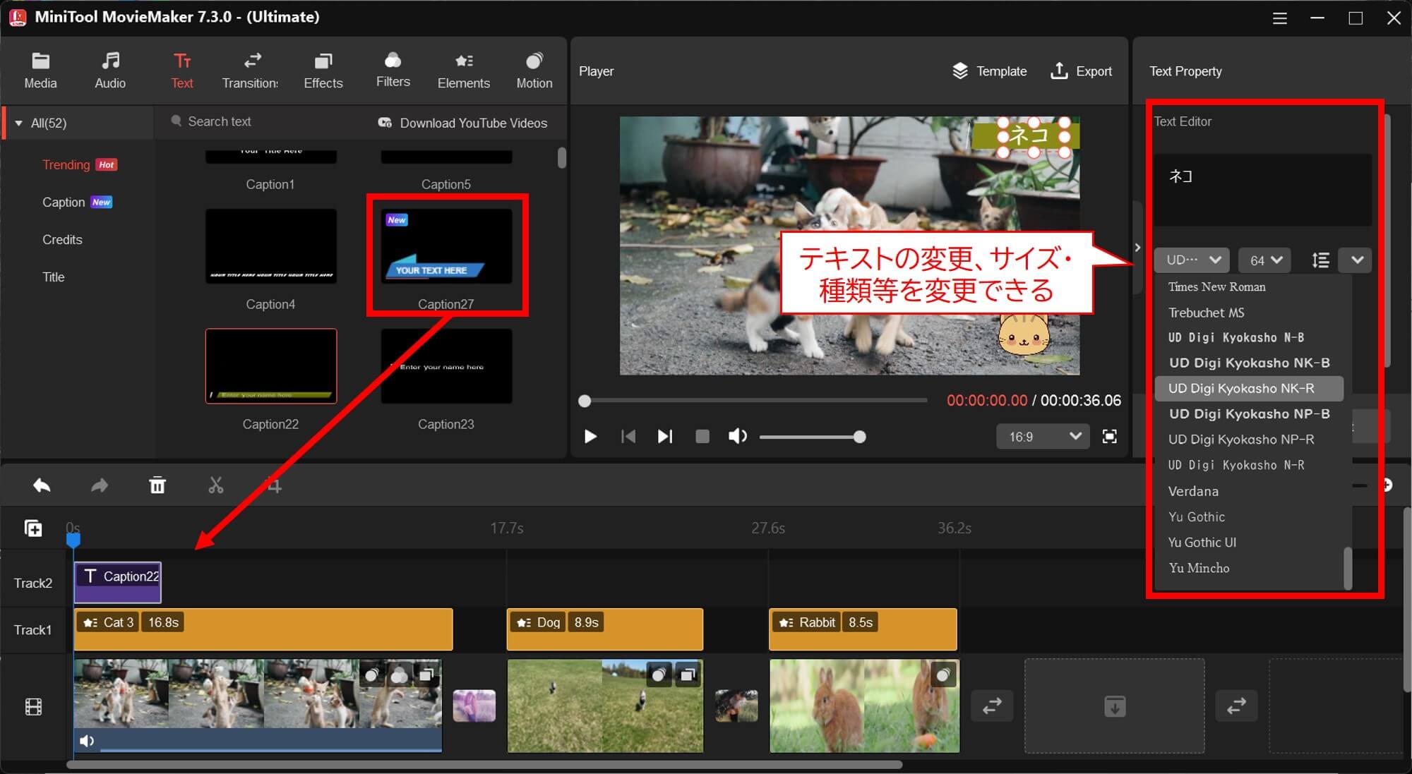 MiniTool MovieMaker テキストの挿入